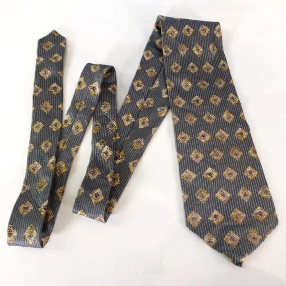 BRUTUS Men's Denim Blue Ivory Geometric Art Striped Necktie Silk Diamond Classic - Picture 8 of 10